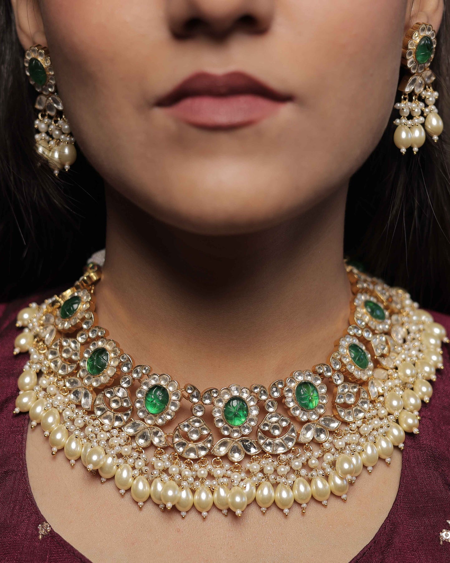Green color Gold Plated Jadau Kundan Necklace Set - SET109G