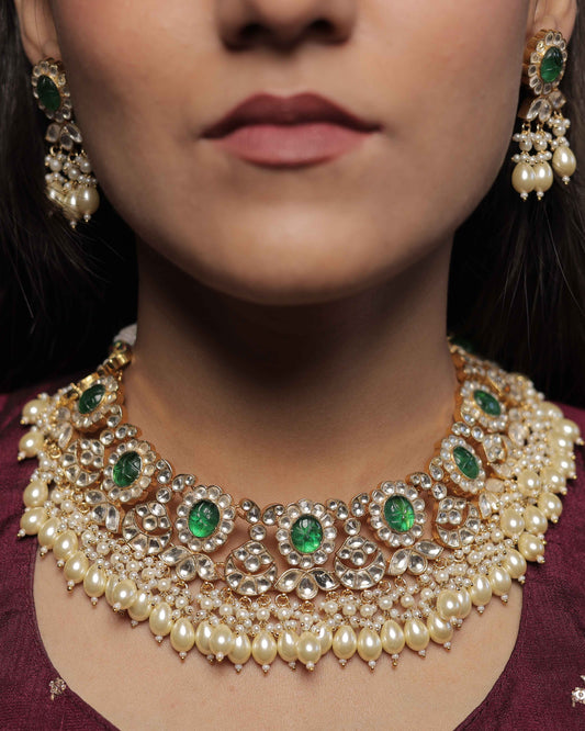 Green color Gold Plated Jadau Kundan Necklace Set - SET109G