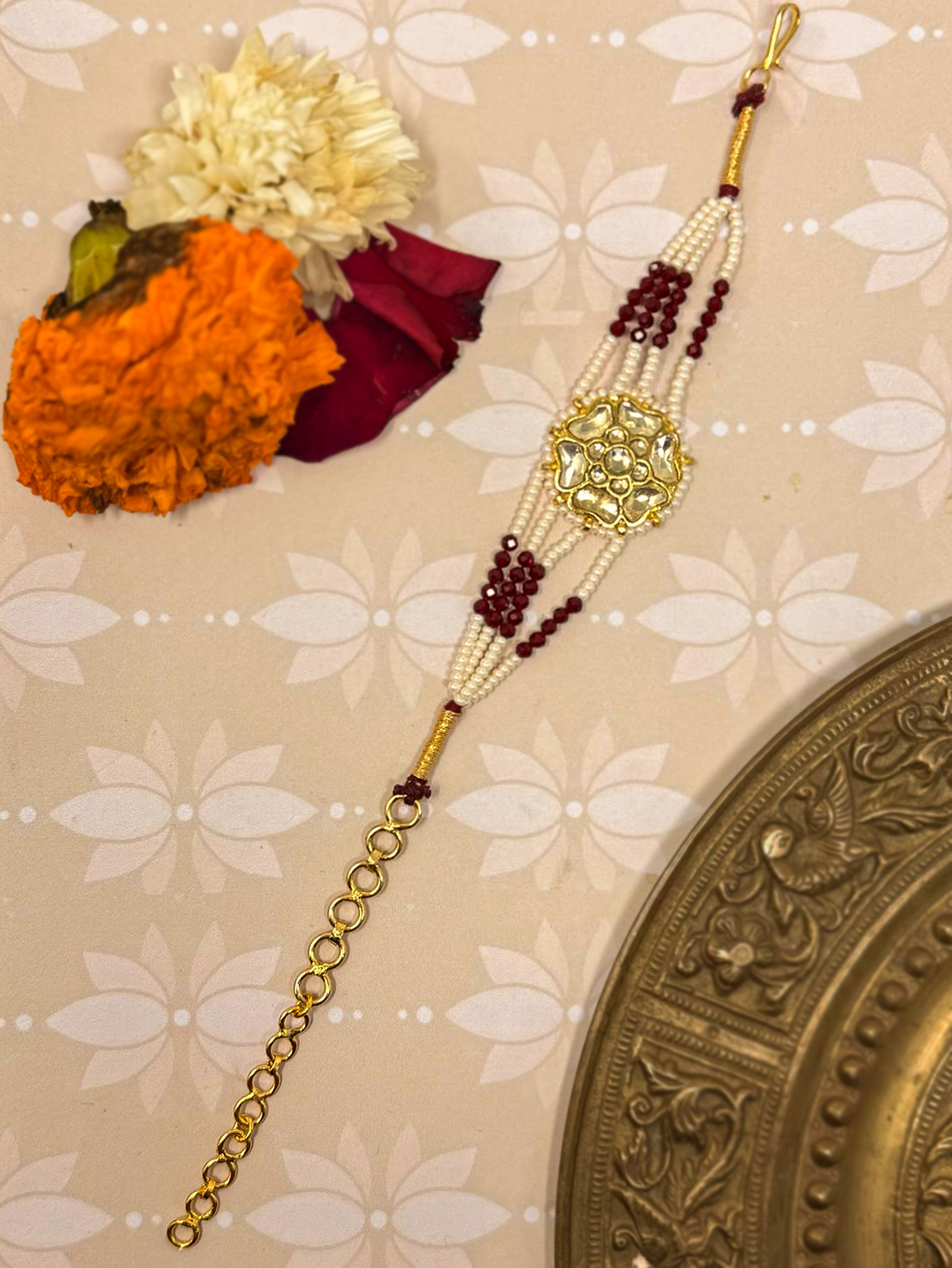 White And Maroon Gold Plated Jadau Kundan Bracelet - BR105WM