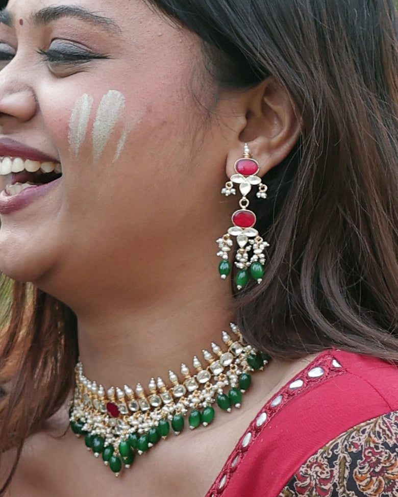 MultiColor Gold Plated Jadau Kundan Necklace Set - SET126WG