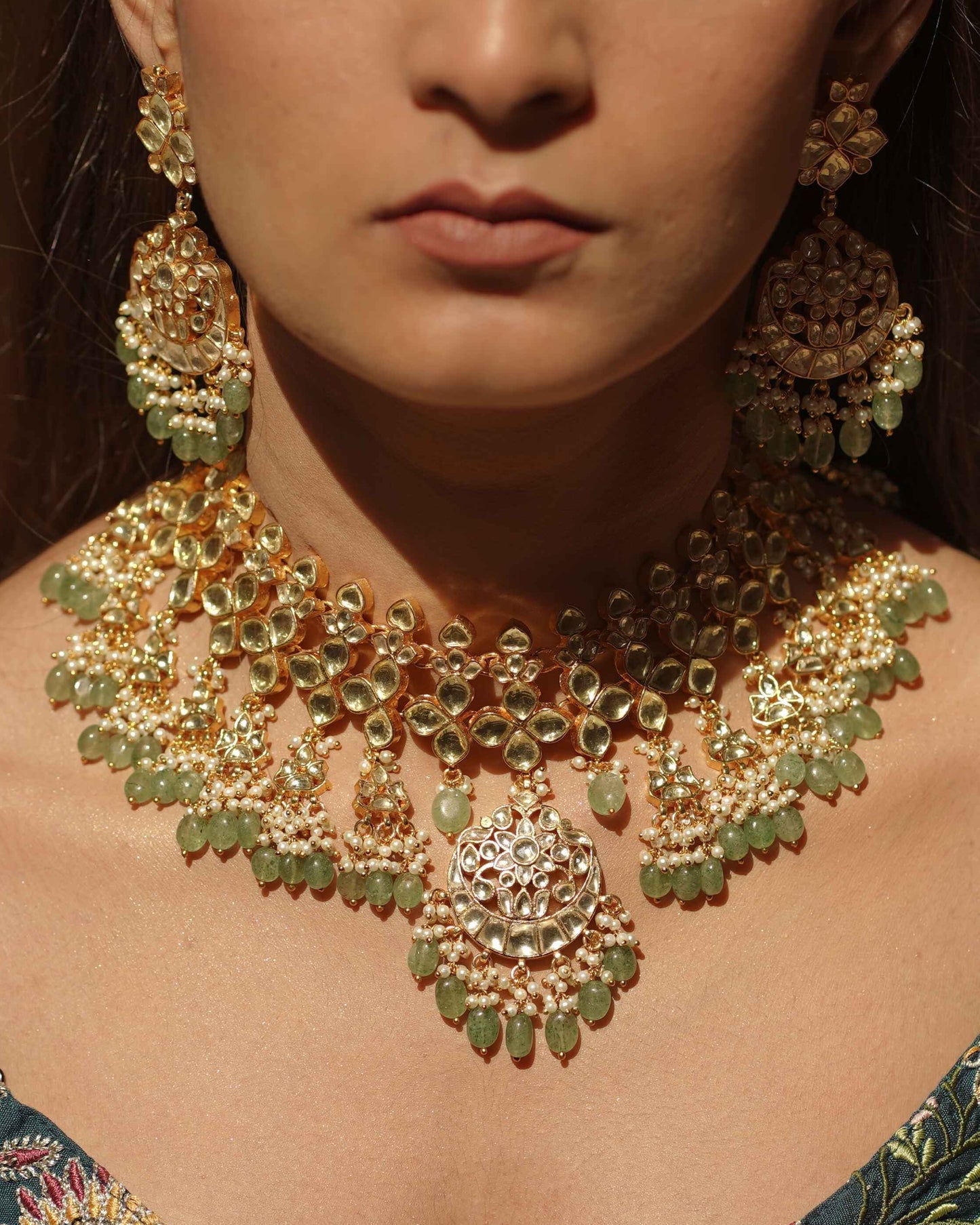 White Color Gold Plated Jadau Kundan Necklace Set - SET110W