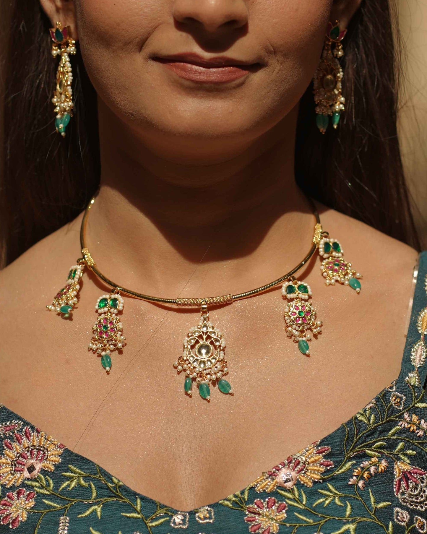 Green Color Gold Plated Jadau Kundan Necklace Set - SET117G