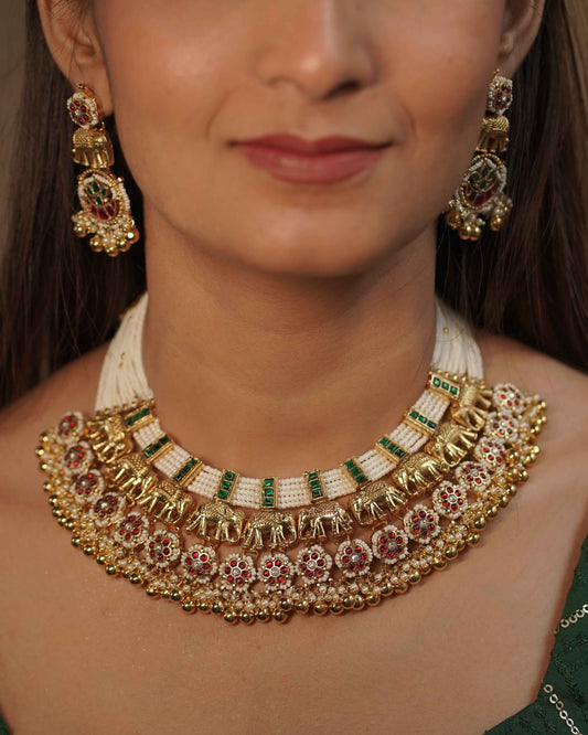 MultiColor Gold Plated Jadau Kundan Necklace Set - SET107MC