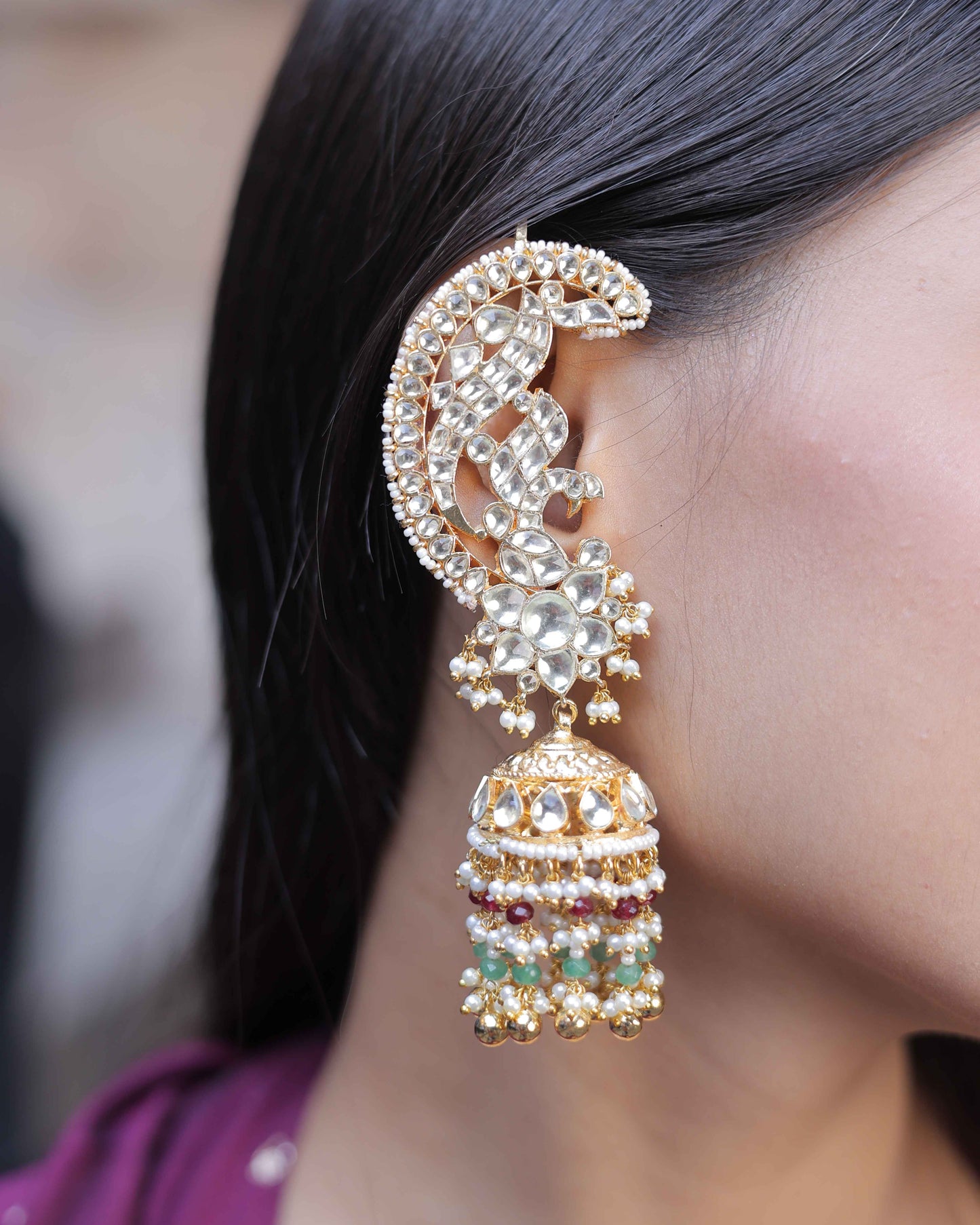 White Color Gold Plated Jadau Kundan Jhumka Earrings - ER103W