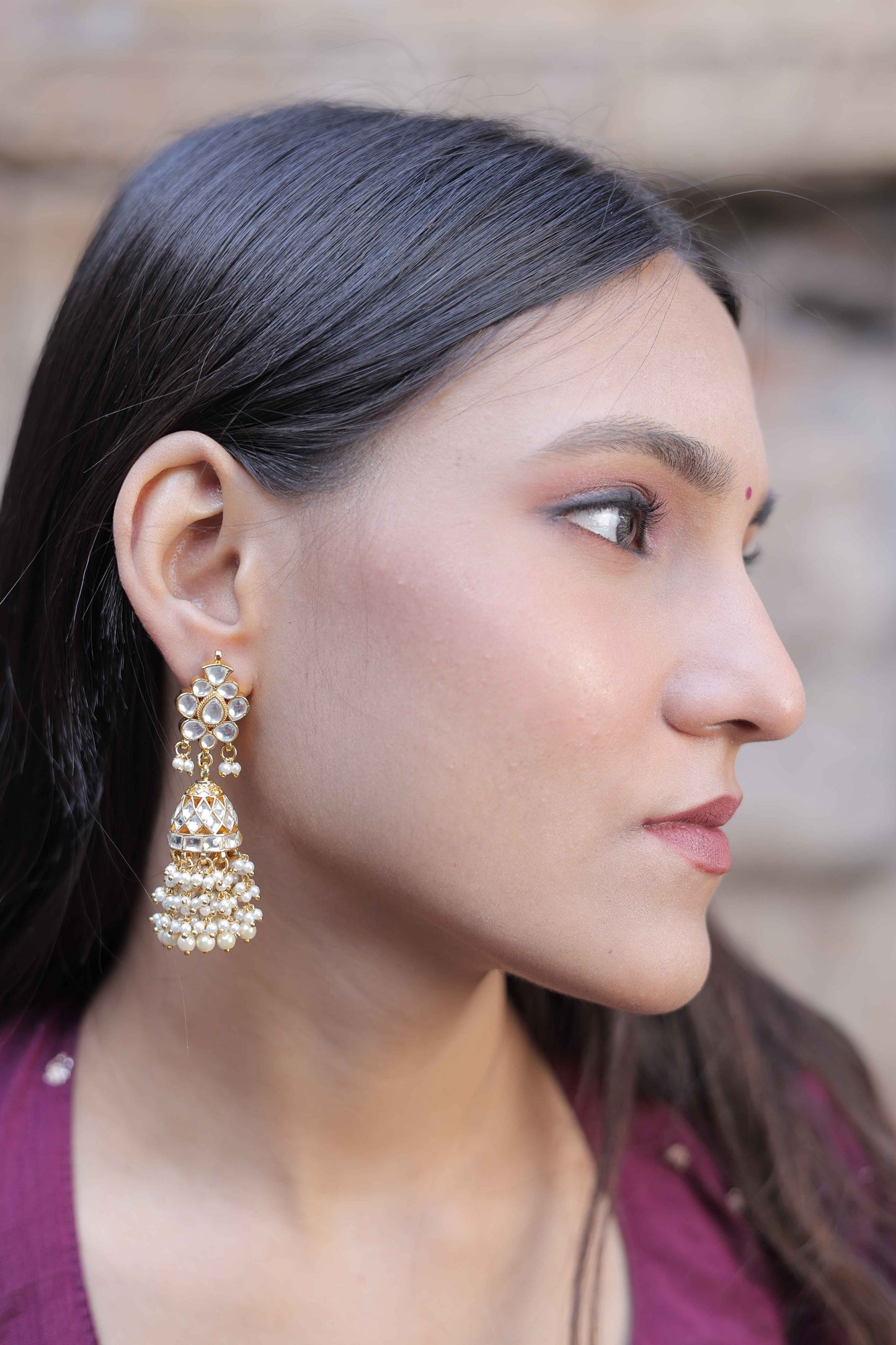 White Color Gold Plated Jadau Kundan Jhumka Earrings - ER105W