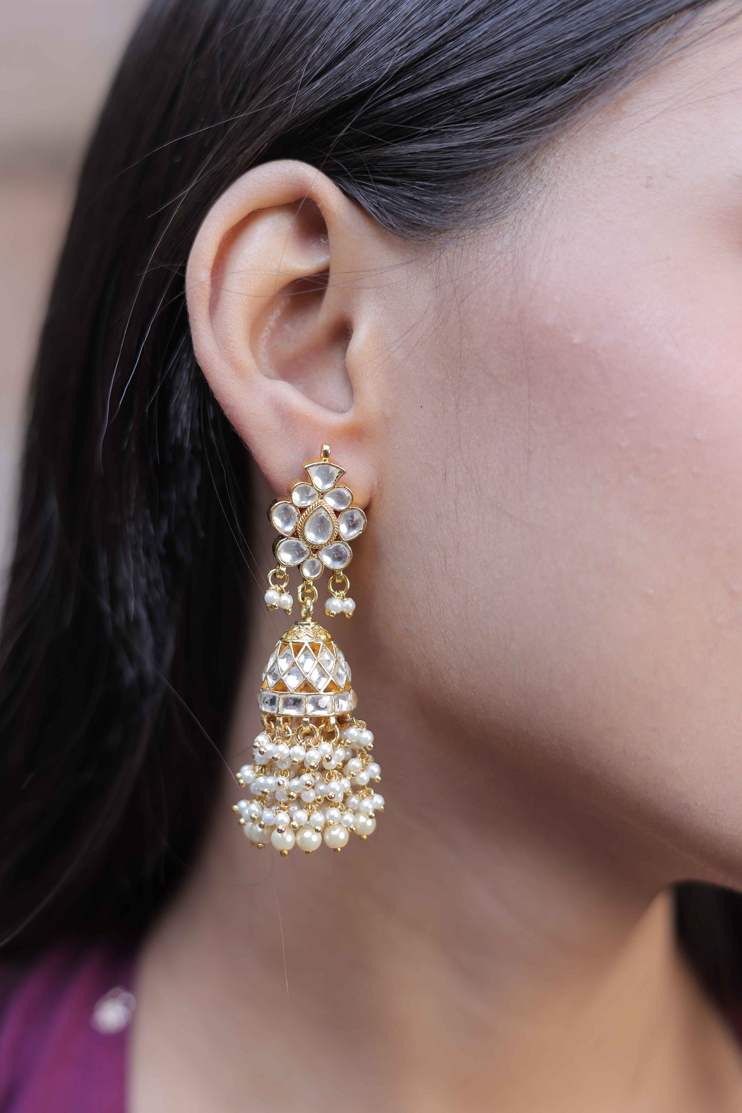 White Color Gold Plated Jadau Kundan Jhumka Earrings - ER105W