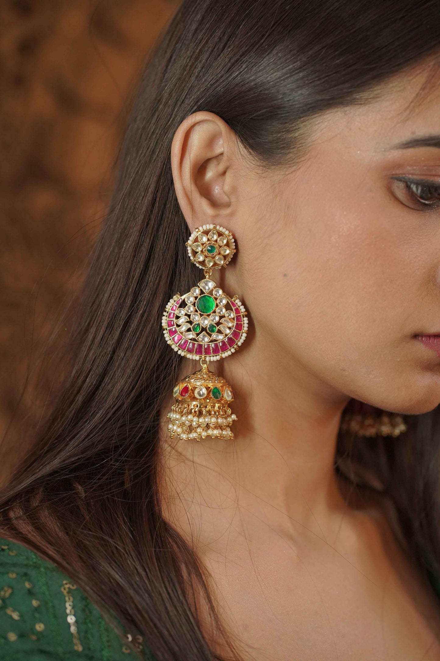 MultiColor Gold Plated Jadau Kundan Jhumka Earrings - ER107MC