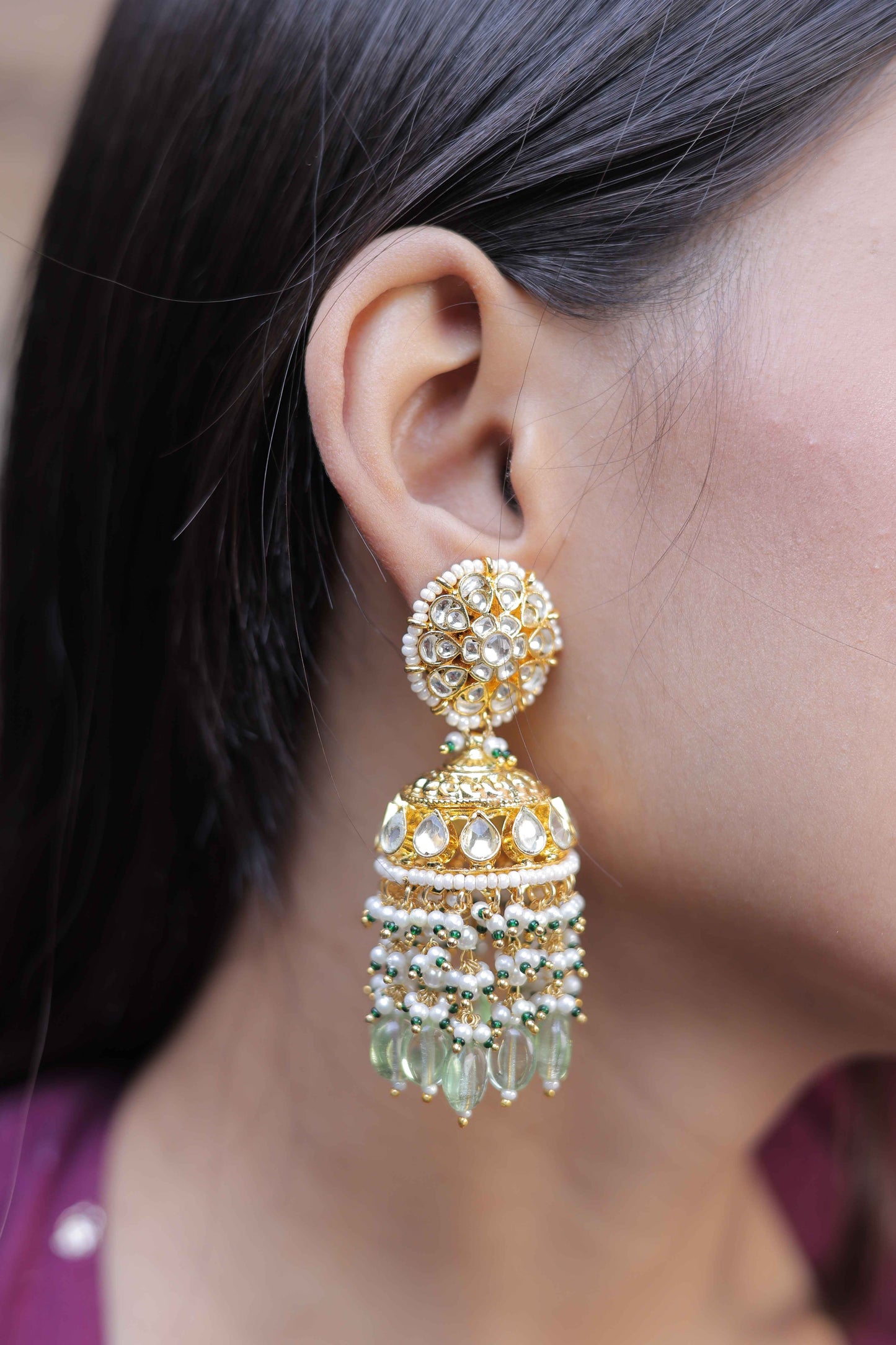 White Fluorite Color Gold Plated Jadau Kundan Jhumka Earrings - ER108WFL