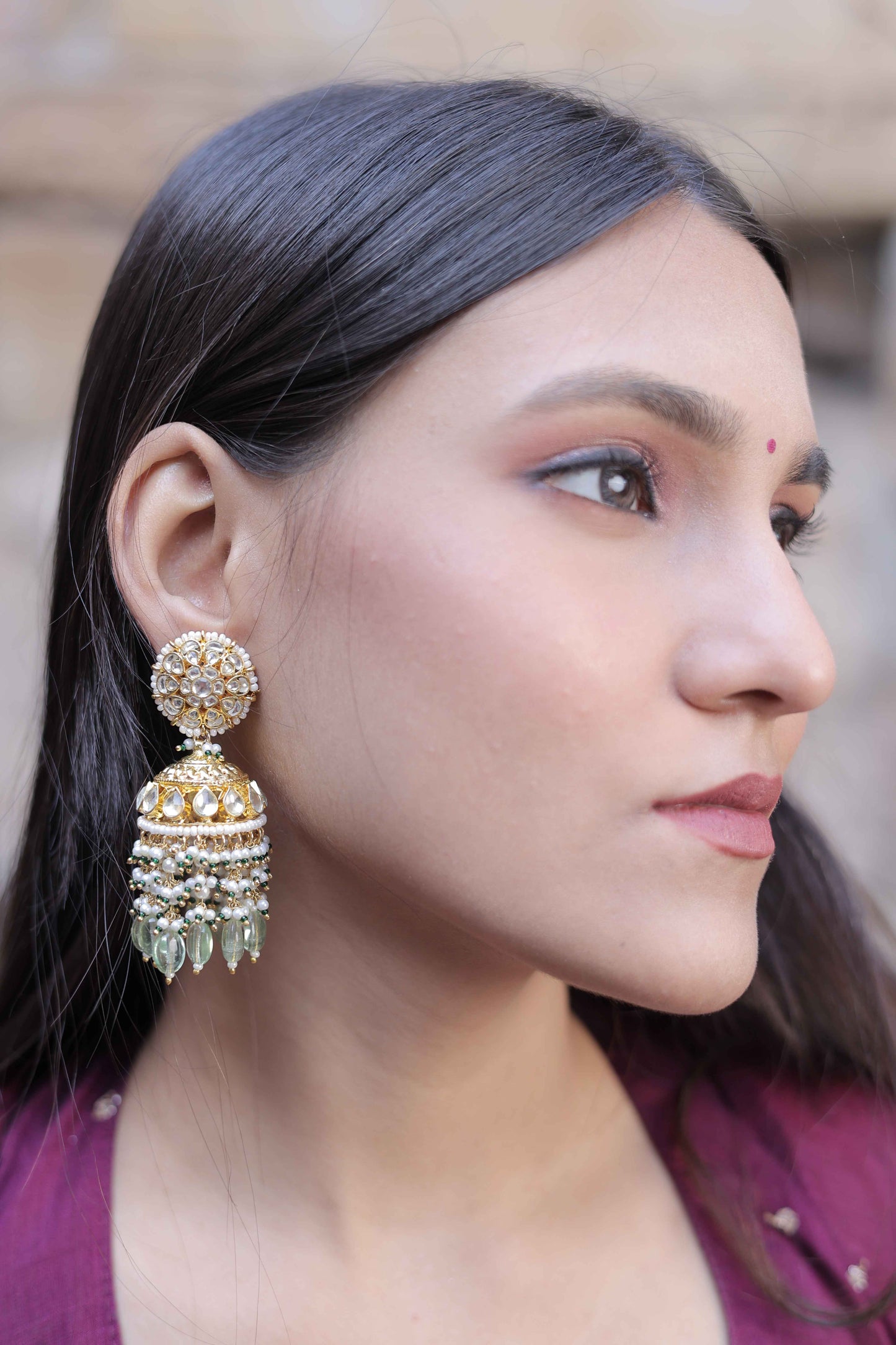 White Fluorite Color Gold Plated Jadau Kundan Jhumka Earrings - ER108WFL