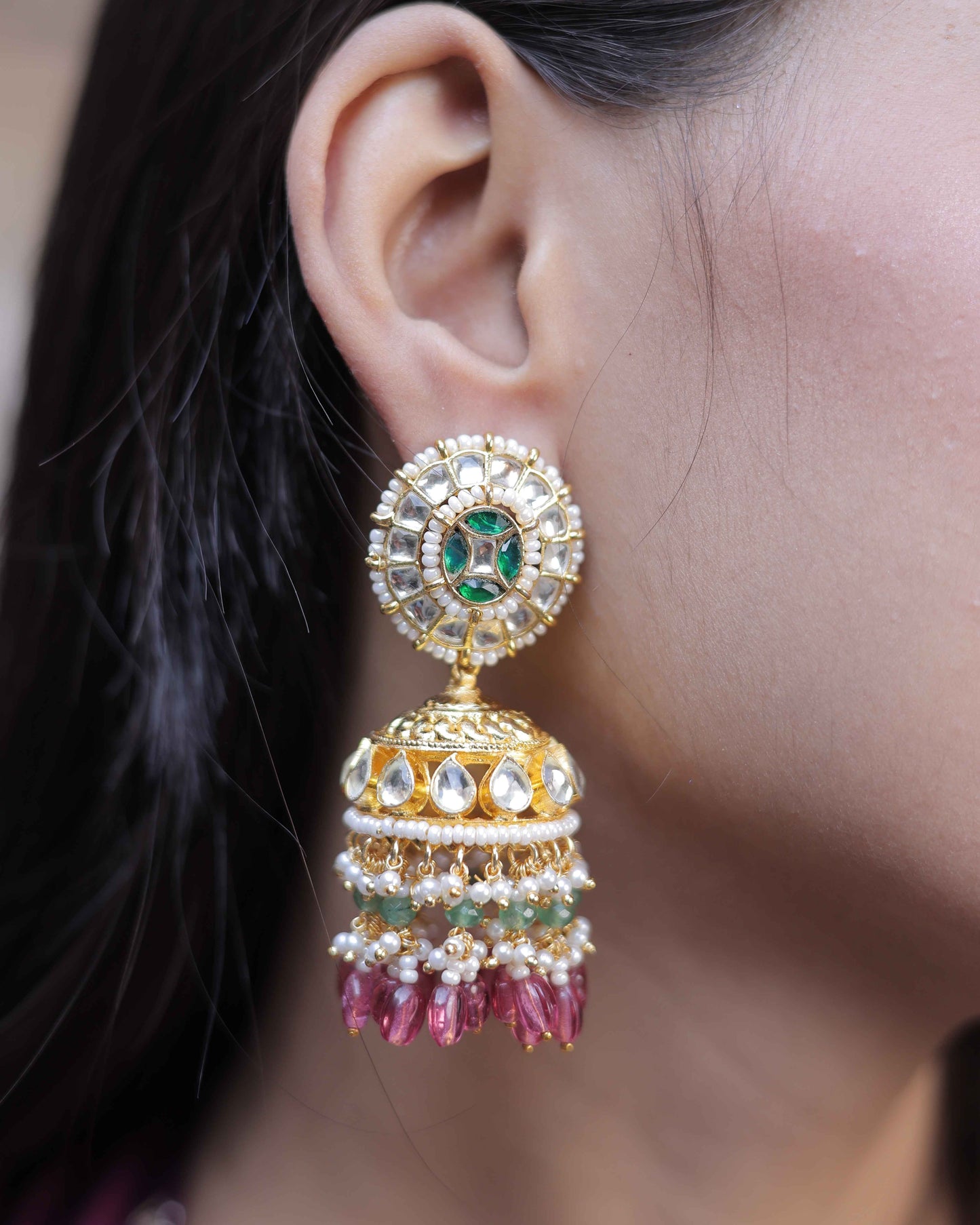 Multi Color Gold Plated Jadau Kundan Jhumka Earrings - ER110MC