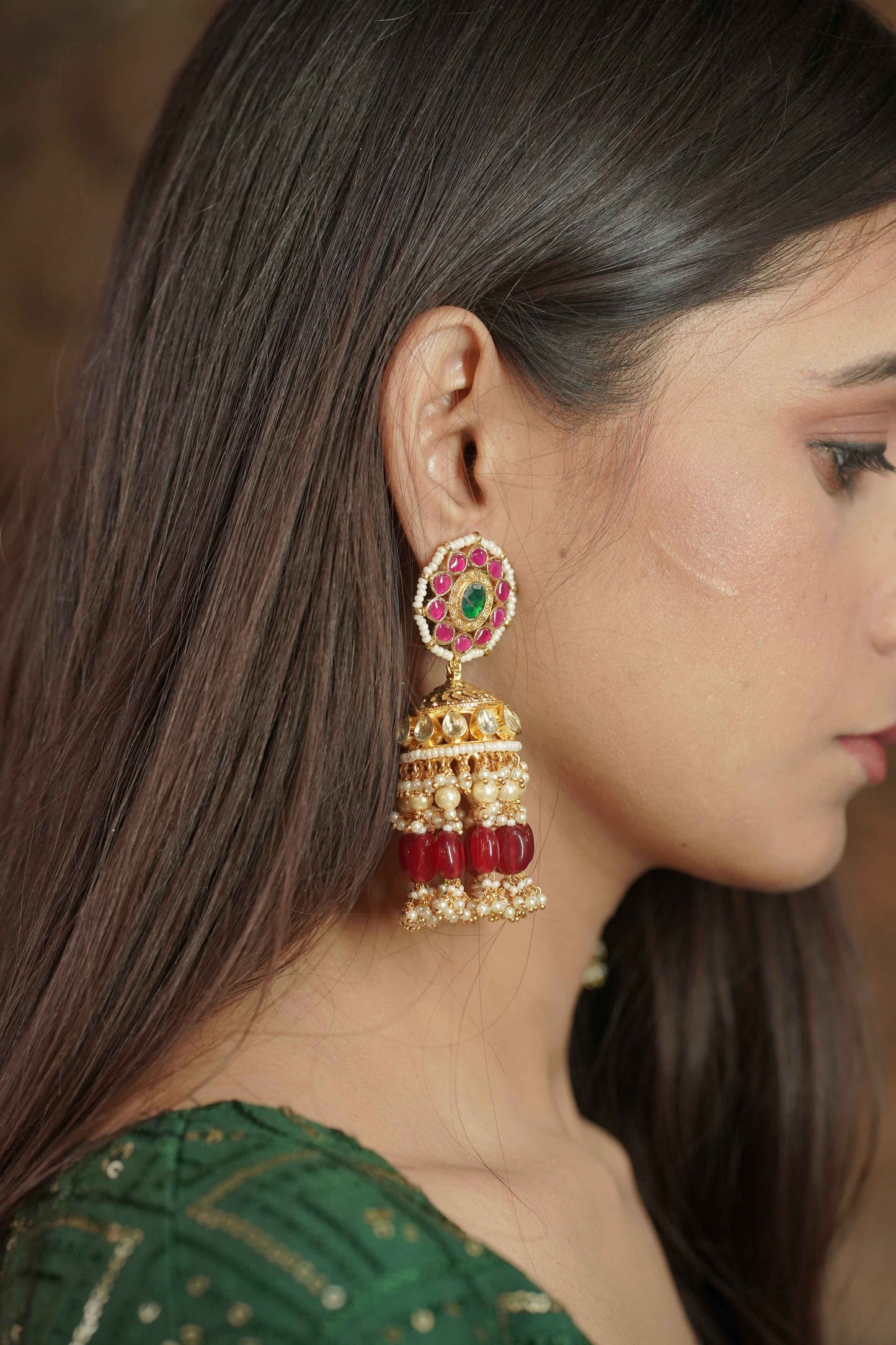 Multicolor Gold Plated Jadau Kundan Jhumka Earrings - ER111MC