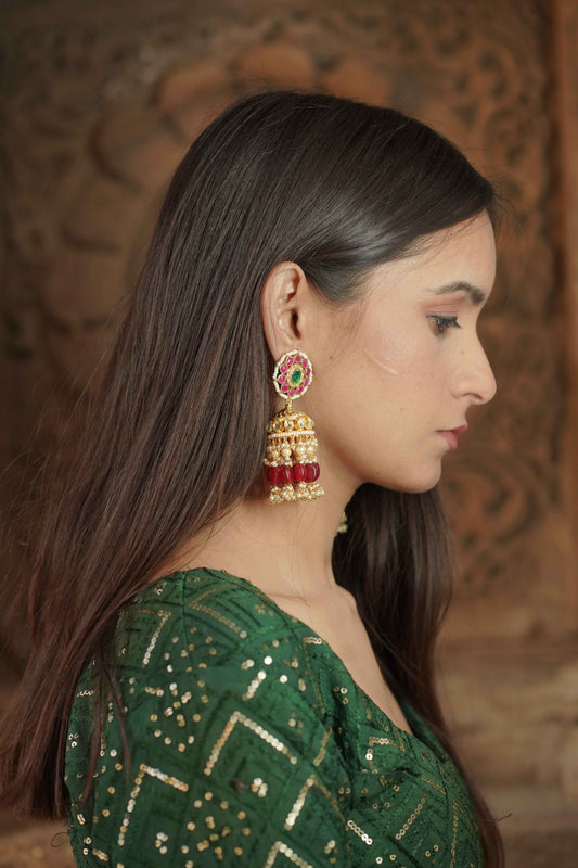Multicolor Gold Plated Jadau Kundan Jhumka Earrings - ER111MC