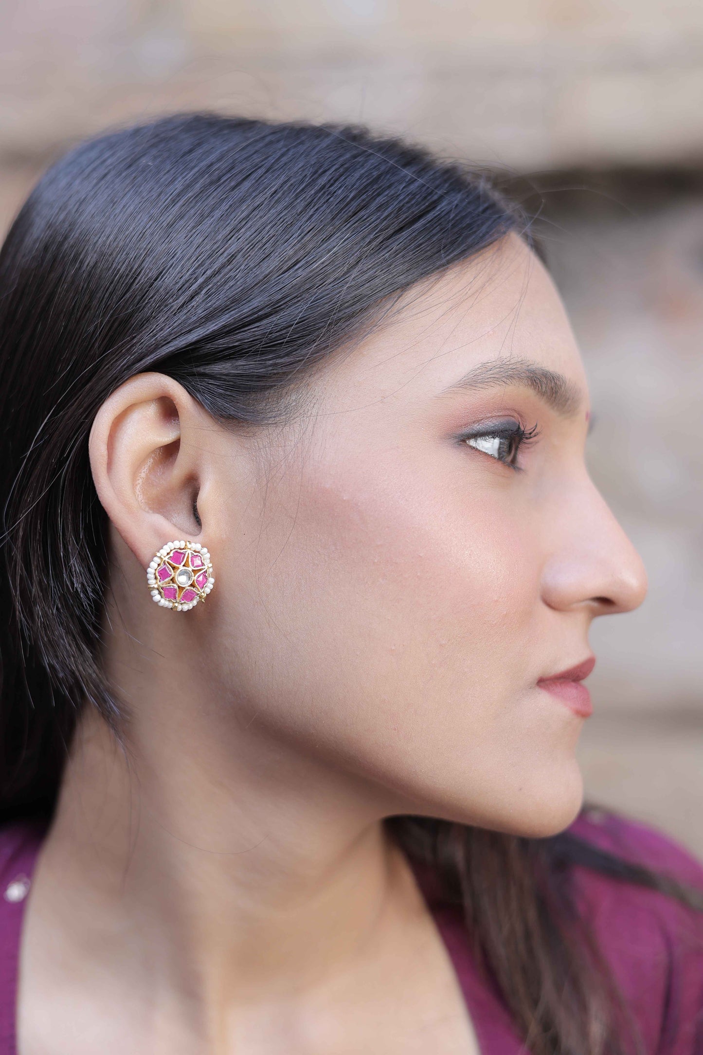 Pink Color Gold Plated Jadau Kundan Jhumka Earrings - ER117P