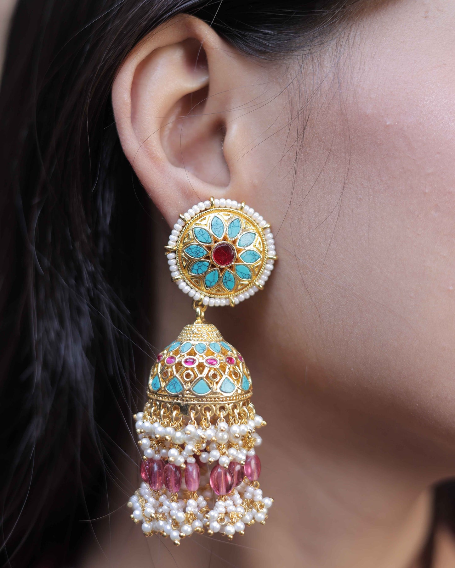 Multi Color Gold Plated Jadau Kundan Jhumka Earrings - ER118MC