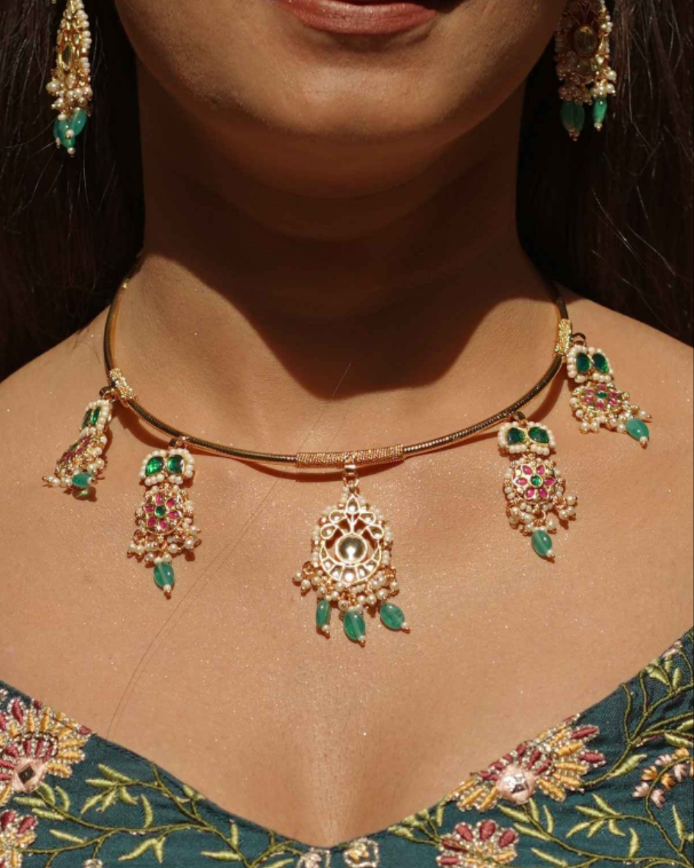 Green Color Gold Plated Jadau Kundan Necklace Set - SET117G
