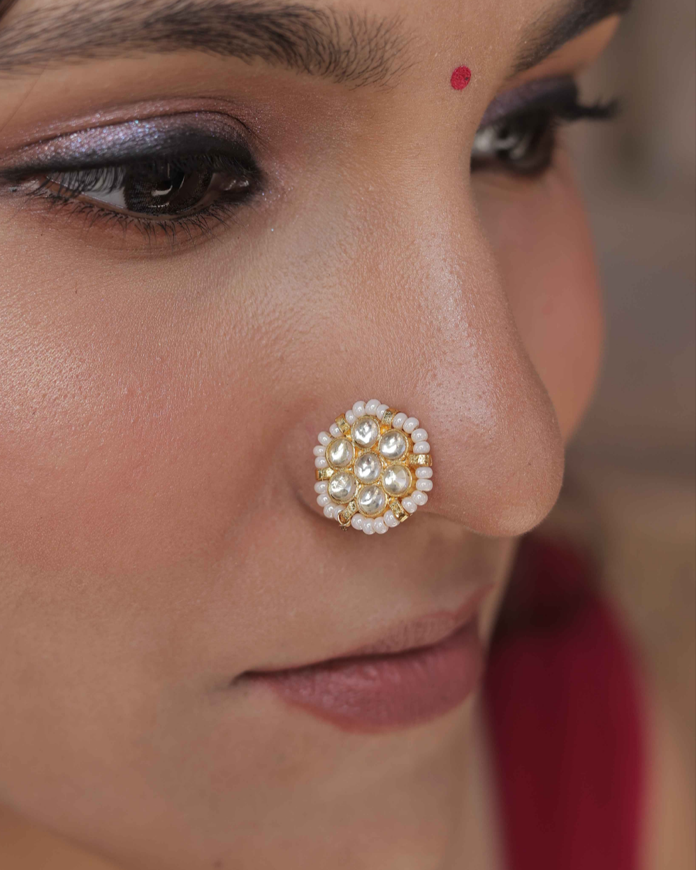 White Color Gold Plated Jadau Kundan Nosepin- NTH112W