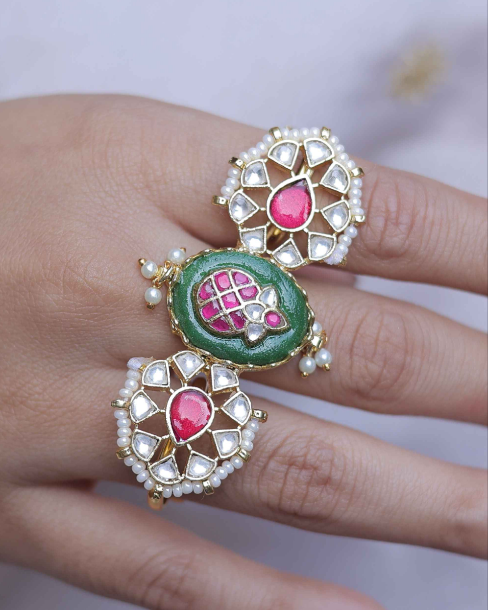 Multicolor Gold Plated Jadau Kundan Ring- R103MC