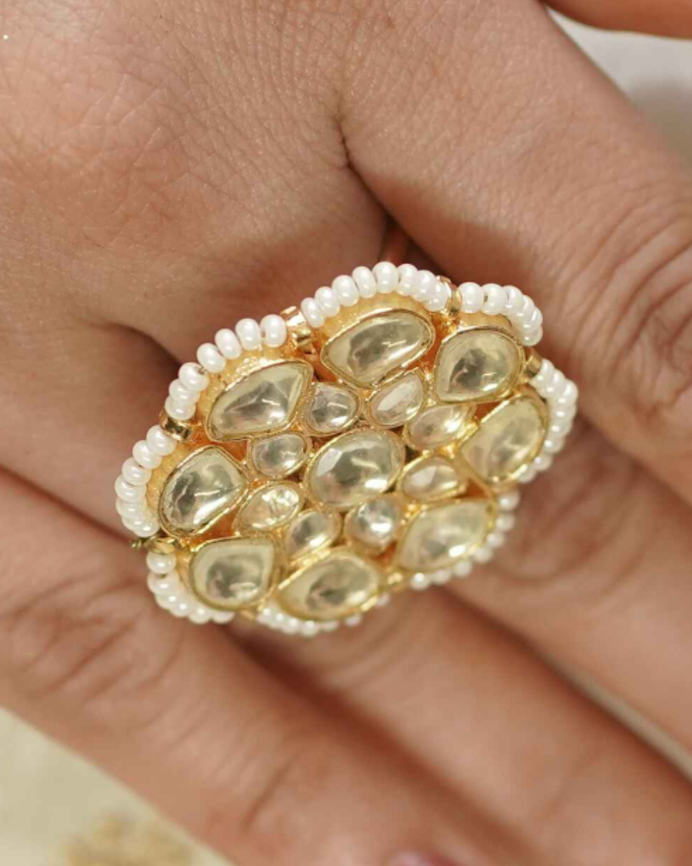 White Gold Plated Jadau Kundan Ring- R109W