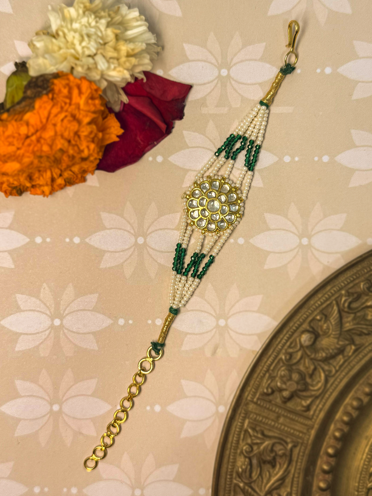 White And Green Gold Plated Jadau Kundan Bracelet - BR106WG