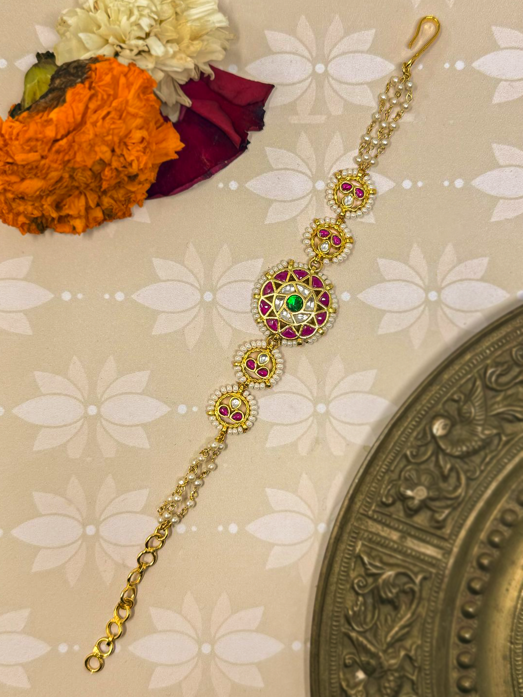 Pink Color Gold Plated Jadau Kundan Bracelet - BR107P