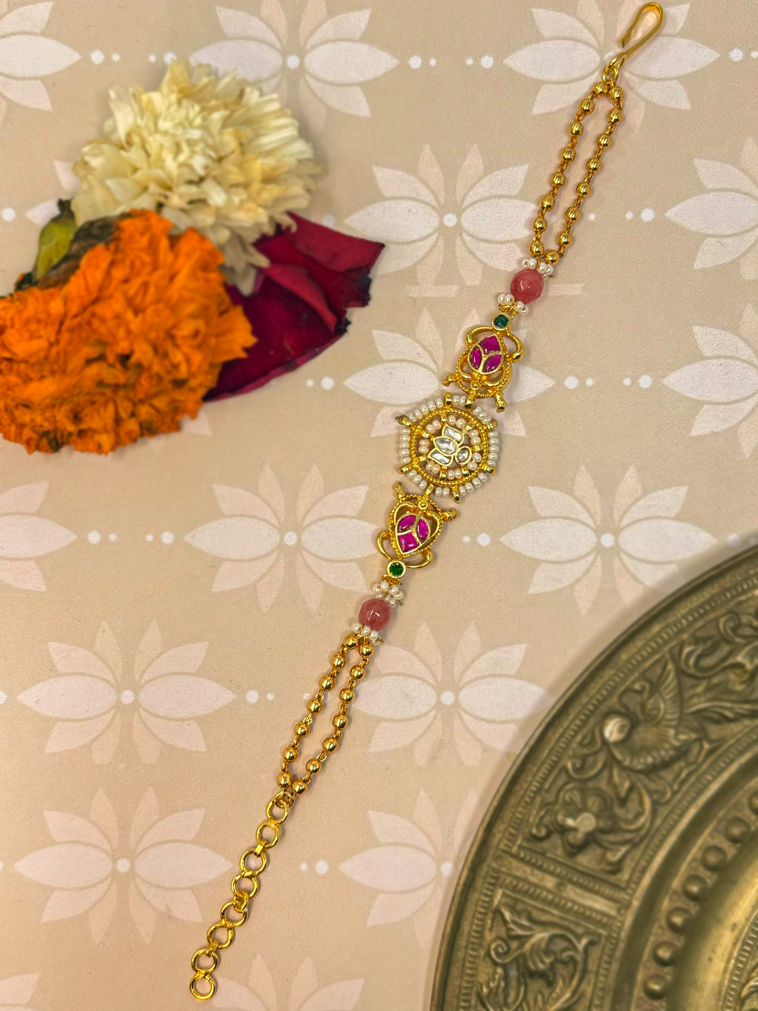 Pink Color Gold Plated Jadau Kundan Bracelet - BR109P