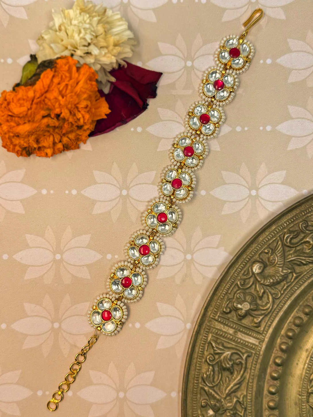 Pink Color Gold Plated Jadau Kundan Bracelet - BR110P