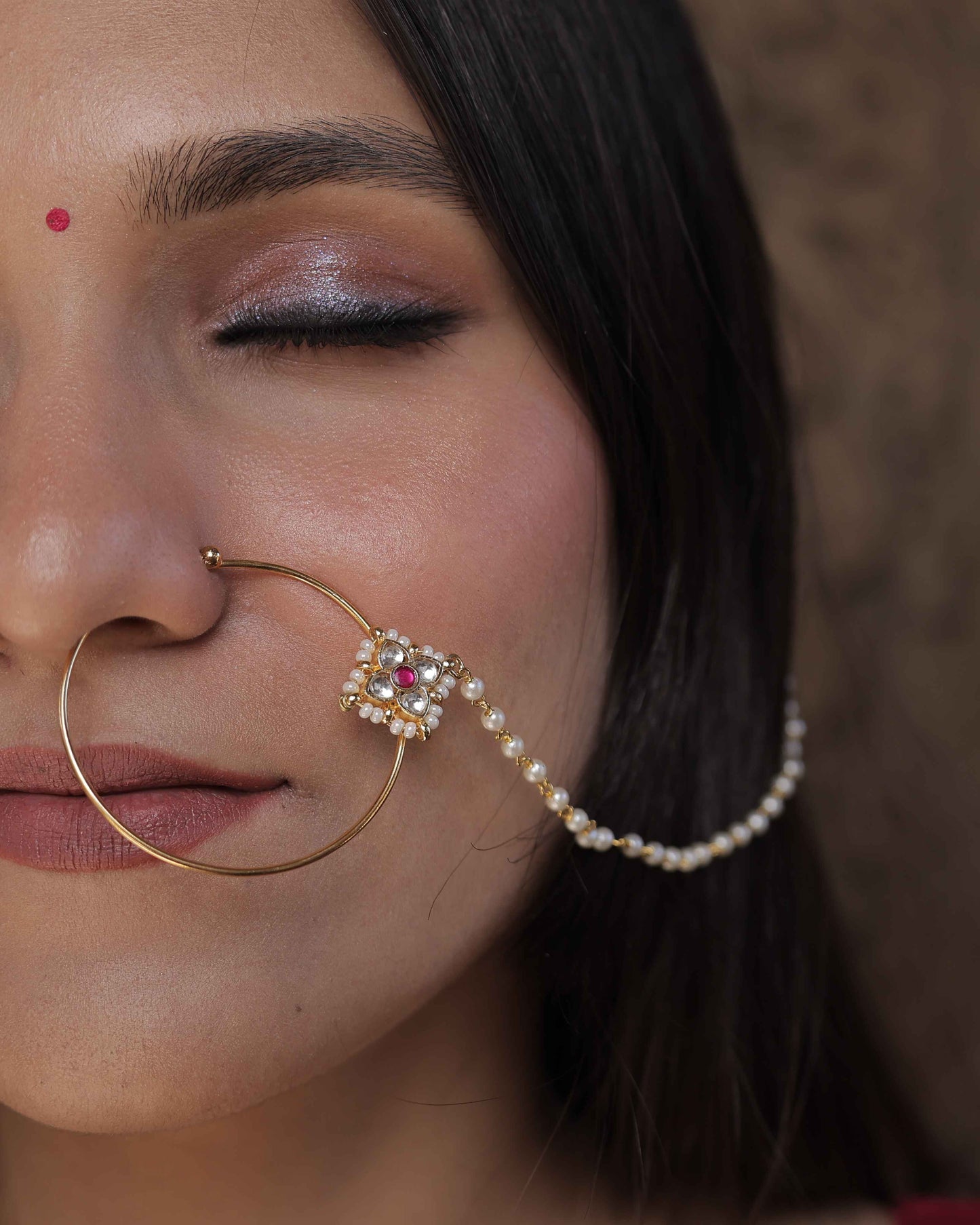 Pink Color Gold Plated Jadau Kundan Nosering- NTH109P