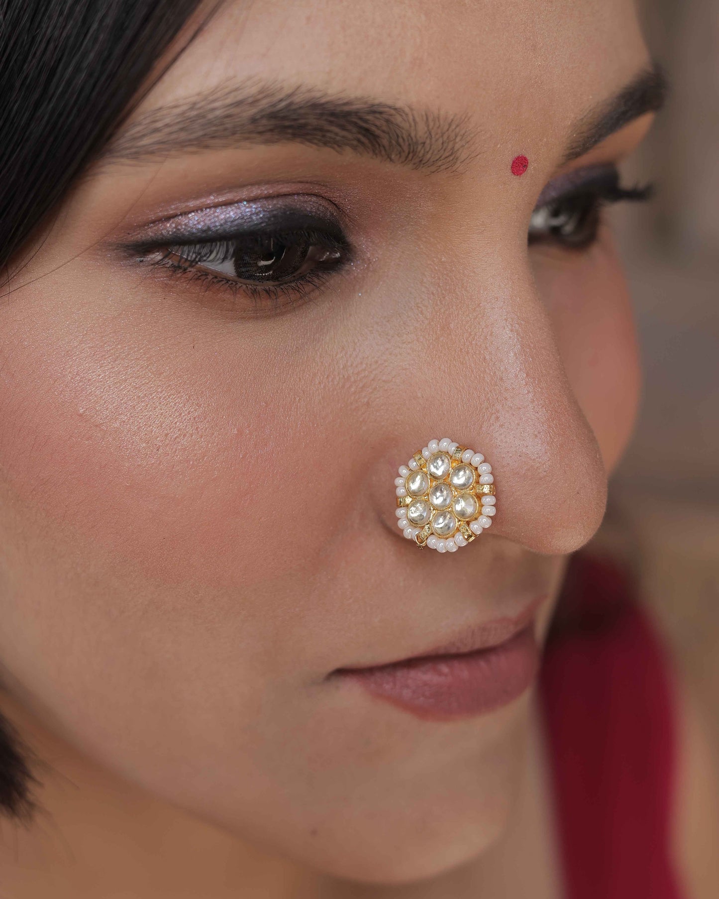 White Color Gold Plated Jadau Kundan Nosepin- NTH112W