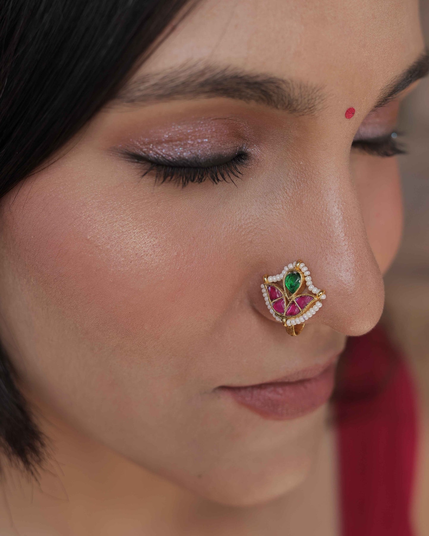 MultiColor Gold Plated Jadau Kundan Nosepin- NTH117MC