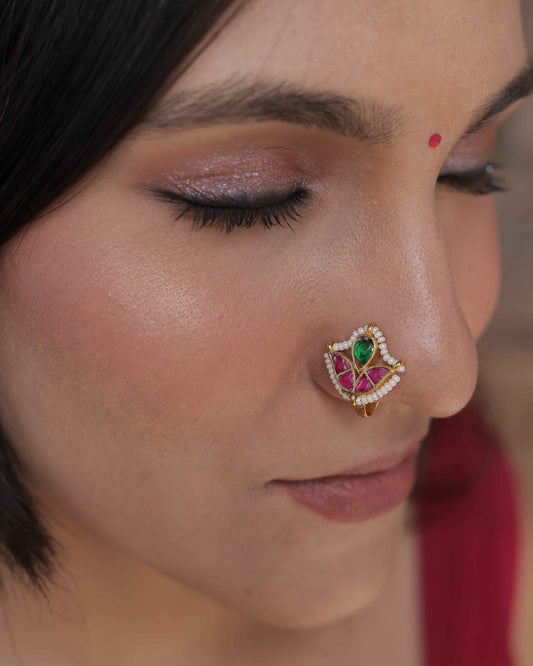 MultiColor Gold Plated Jadau Kundan Nosepin- NTH117MC