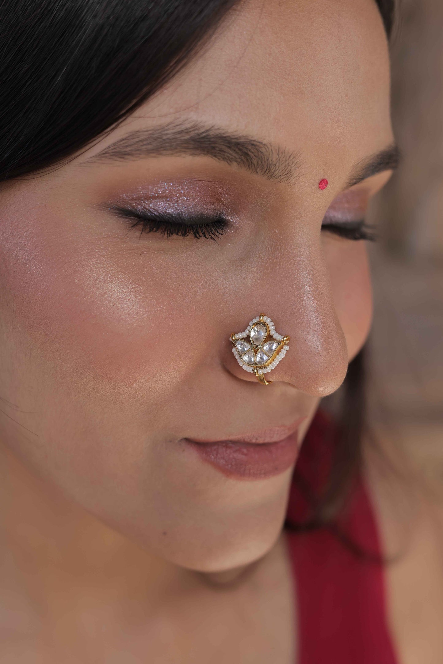 White Color Gold Plated Jadau Kundan Nosepin- NTH117W