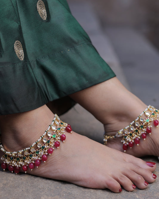 Multicolor Gold Plated Jadau Kundan Payal - PYL102MC
