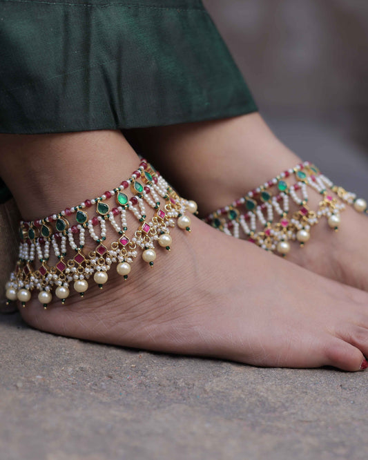 Multicolor Gold Plated Jadau Kundan Payal - PYL103