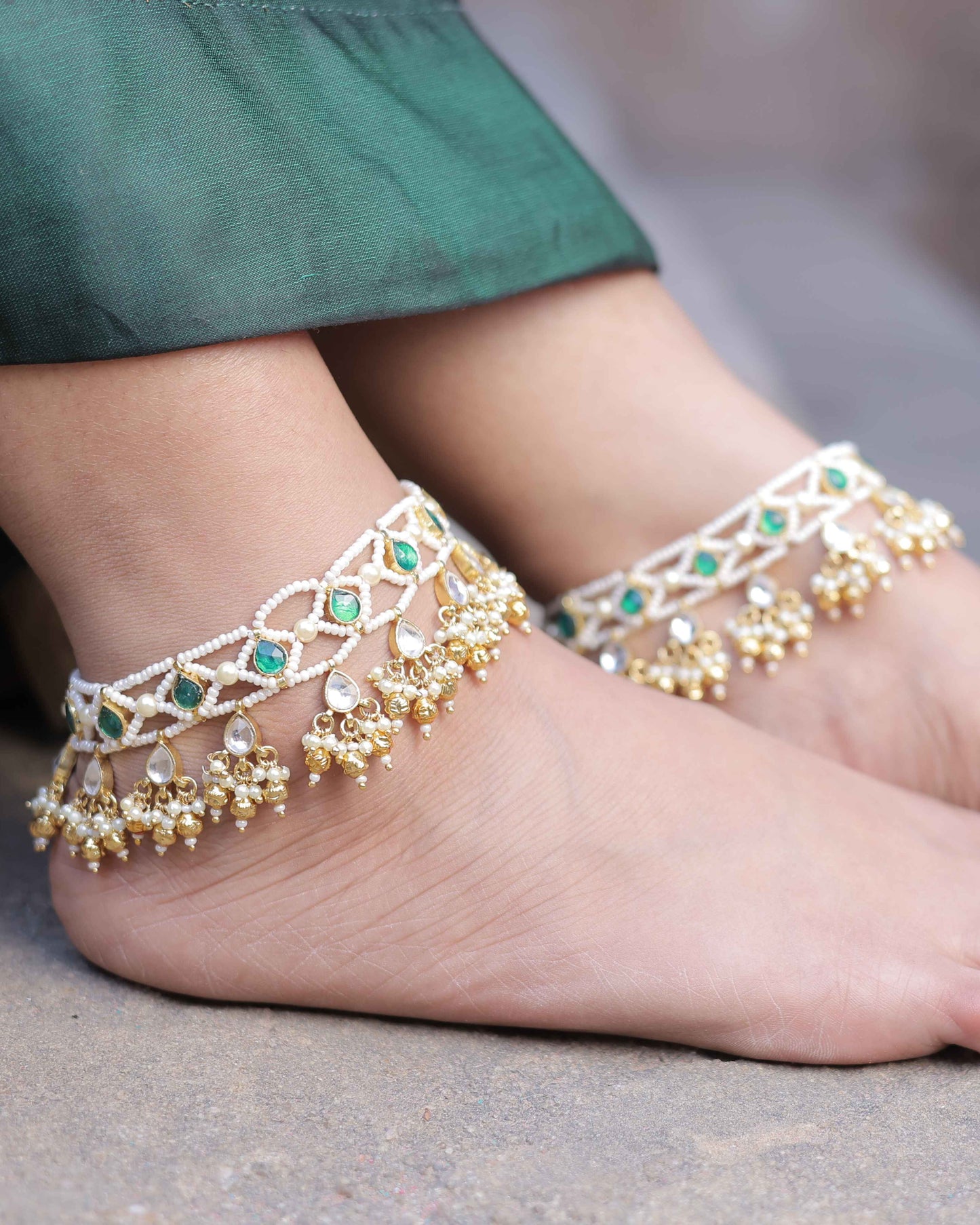 Green Color Gold Plated Jadau Kundan Payal - PYL104G