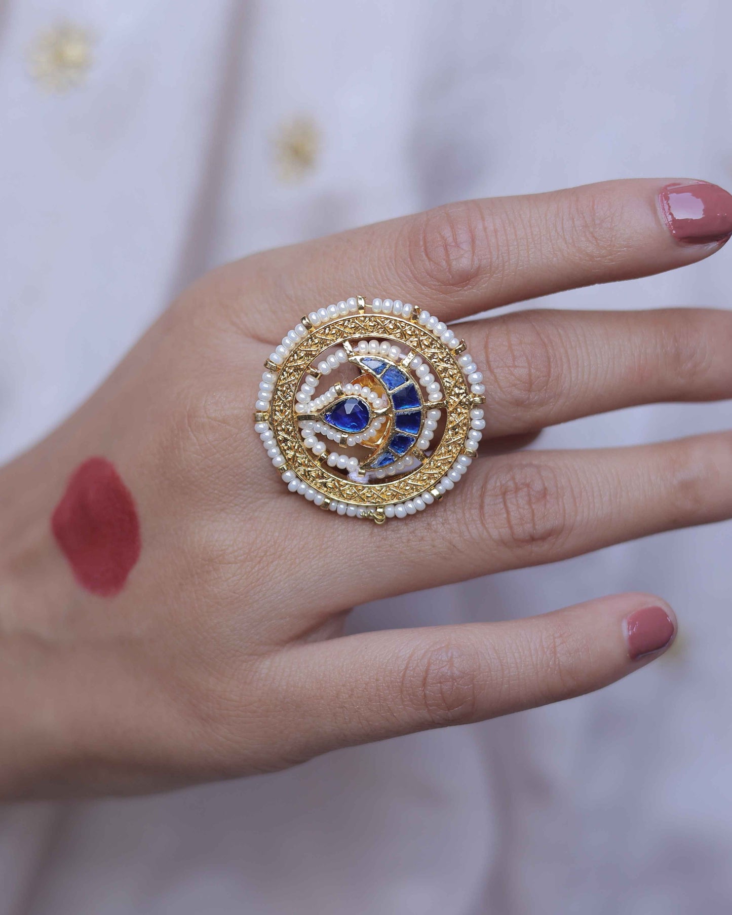 Blue Color Gold Plated Jadau Kundan Ring- R101BL