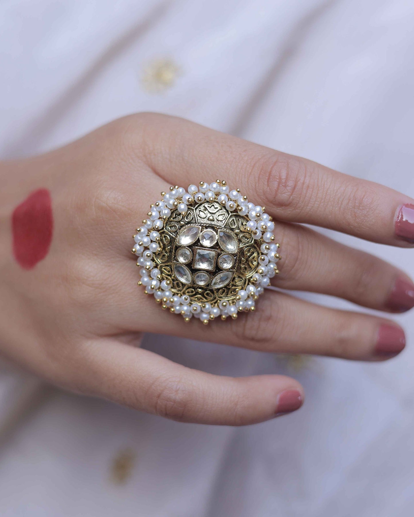 White color Gold Plated Jadau Kundan Ring- R102W