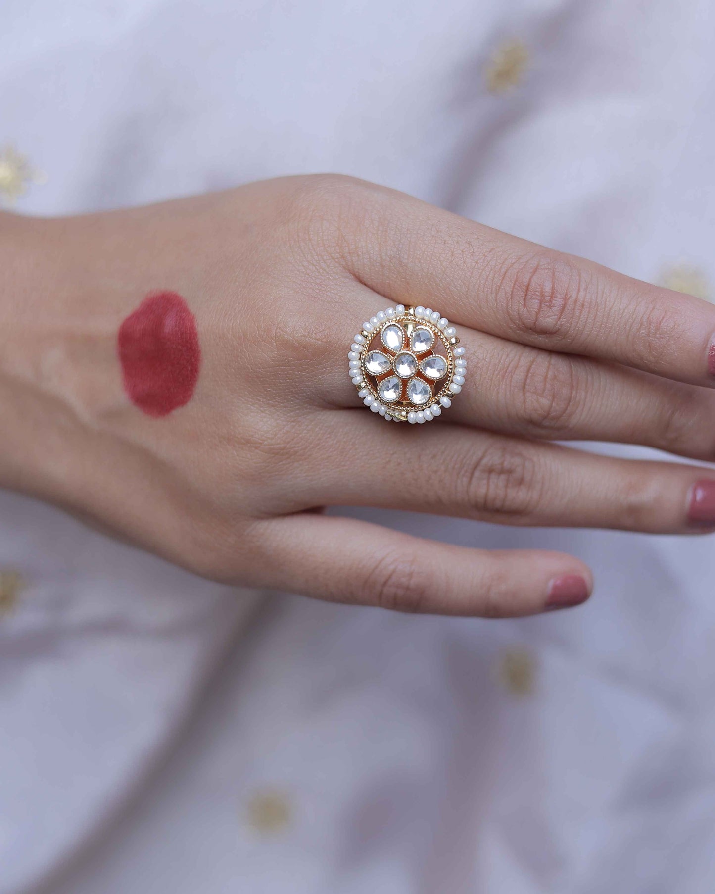 White color Gold Plated Jadau Kundan Ring- R105W