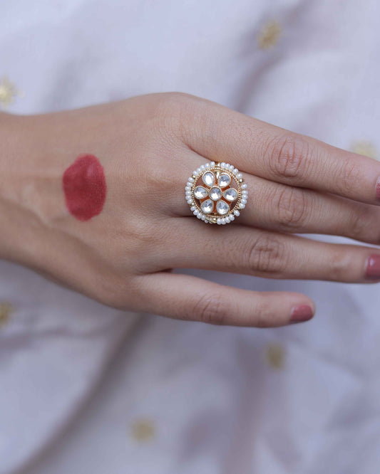 White color Gold Plated Jadau Kundan Ring- R105W