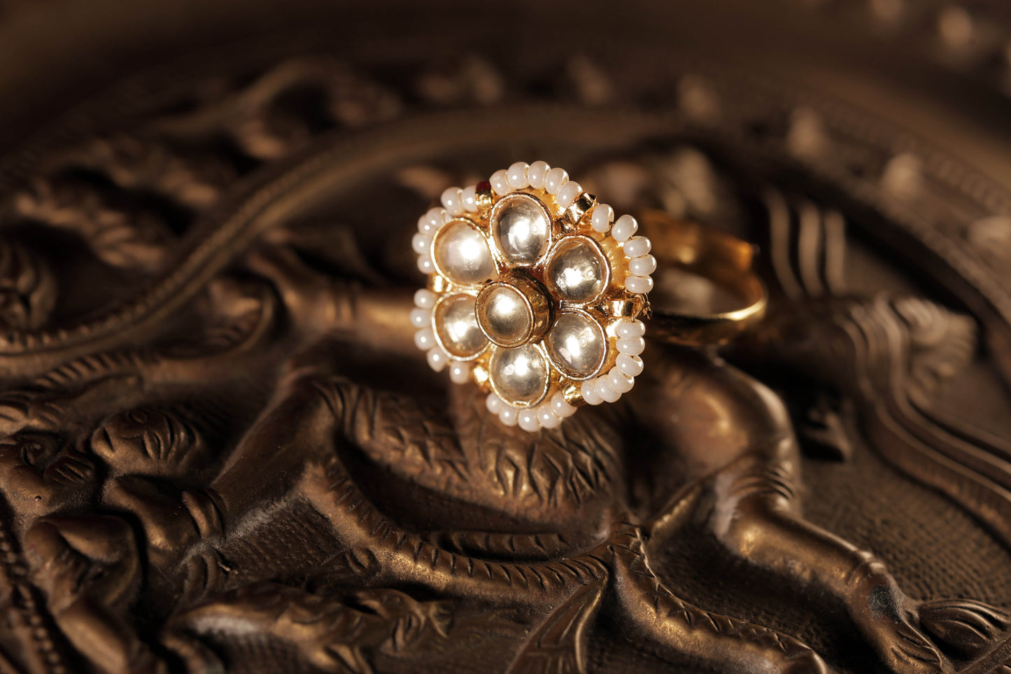 White Color Gold Plated Jadau Kundan Ring- R106W