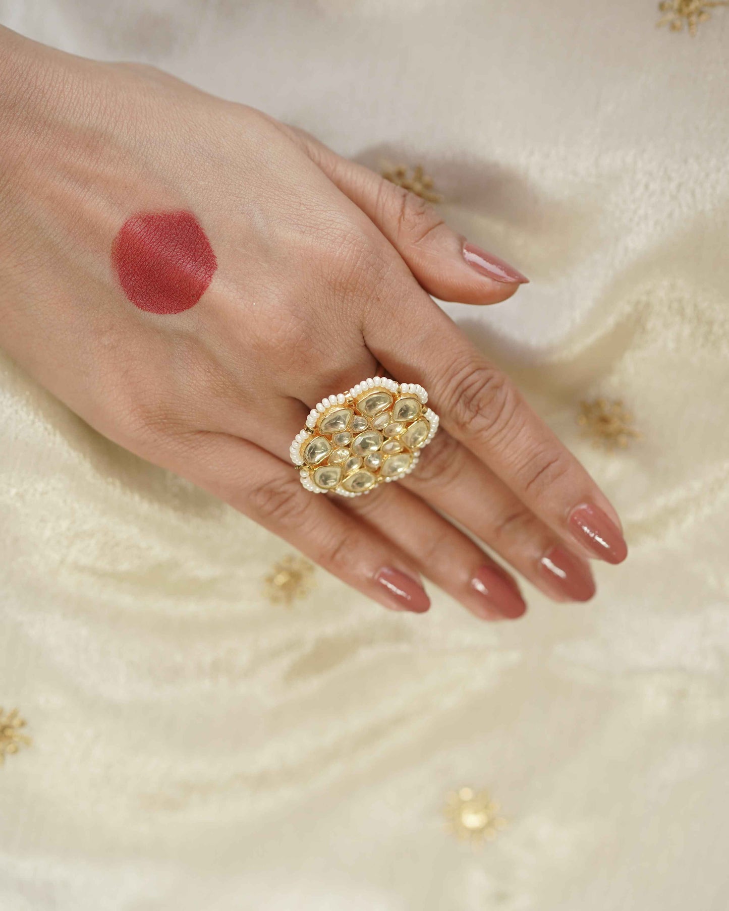 White Gold Plated Jadau Kundan Ring- R109W