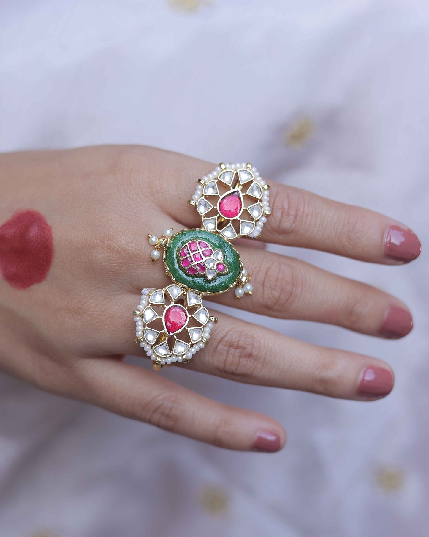 Multicolor Gold Plated Jadau Kundan Ring- R103MC