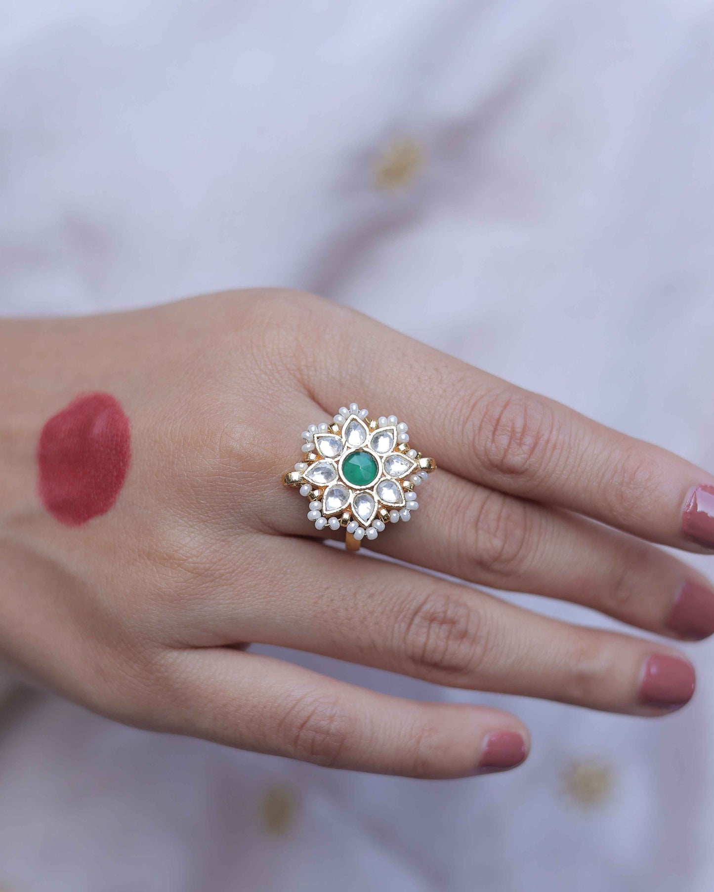 Gold Plated Jadau Kundan Ring- R112WG