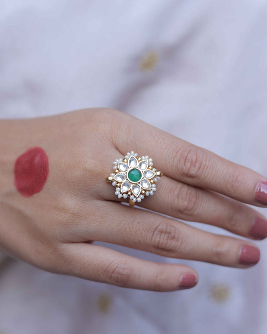Gold Plated Jadau Kundan Ring- R112WG