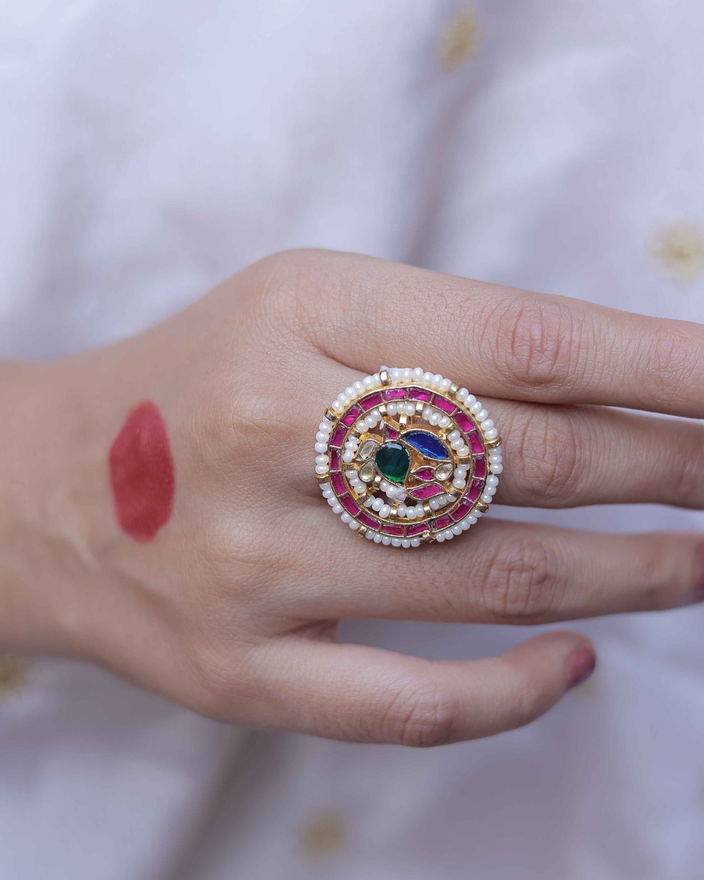 Multi Color Gold Plated Jadau Kundan Ring- R113MC