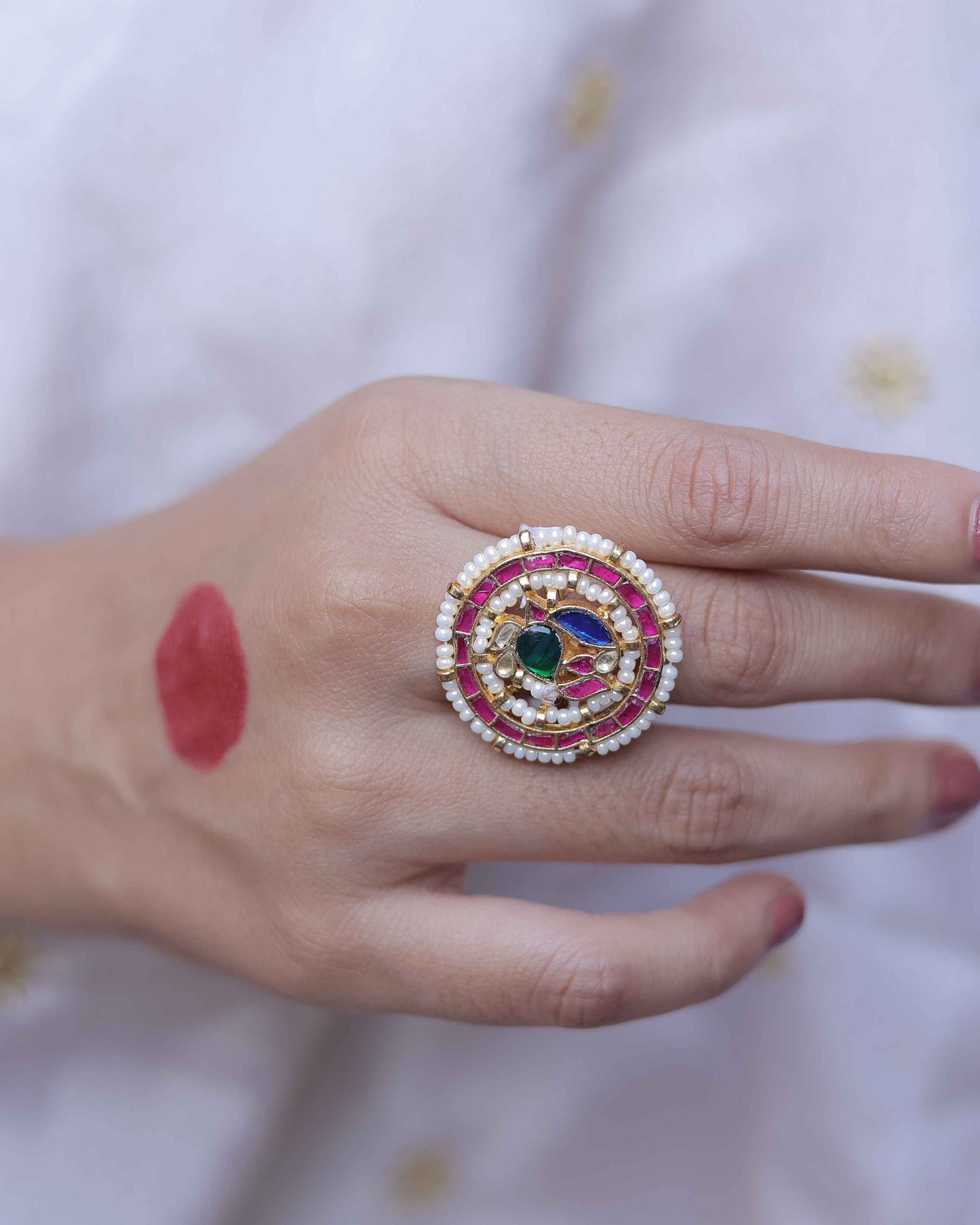 Multi Color Gold Plated Jadau Kundan Ring- R113MC