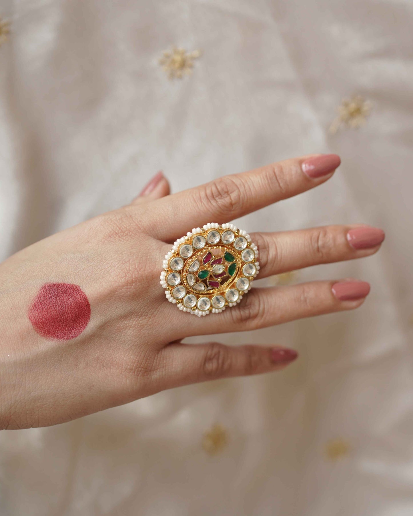 Multi Color Gold Plated Jadau Kundan Ring - R116MC