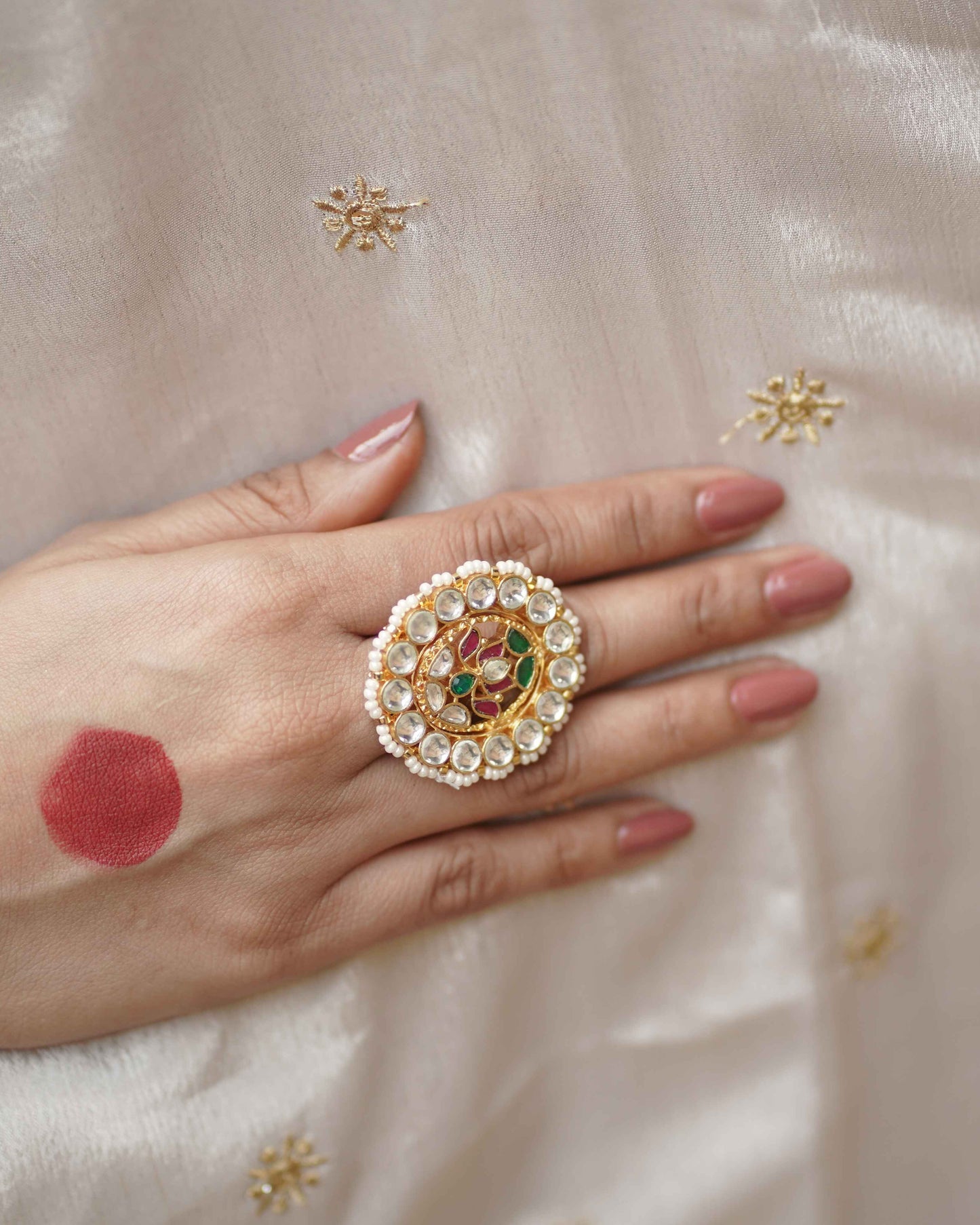 Multi Color Gold Plated Jadau Kundan Ring - R116MC