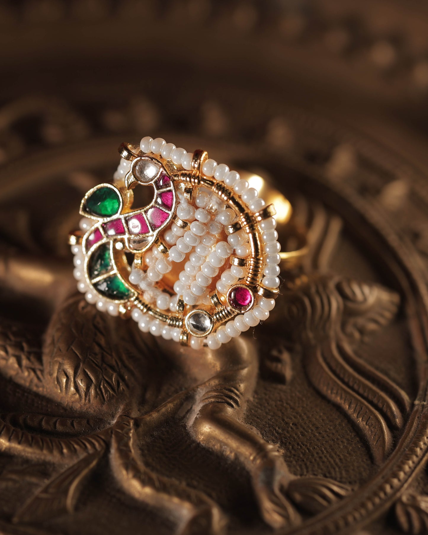 Multi Color Gold Plated Jadau Kundan Ring - R118MC
