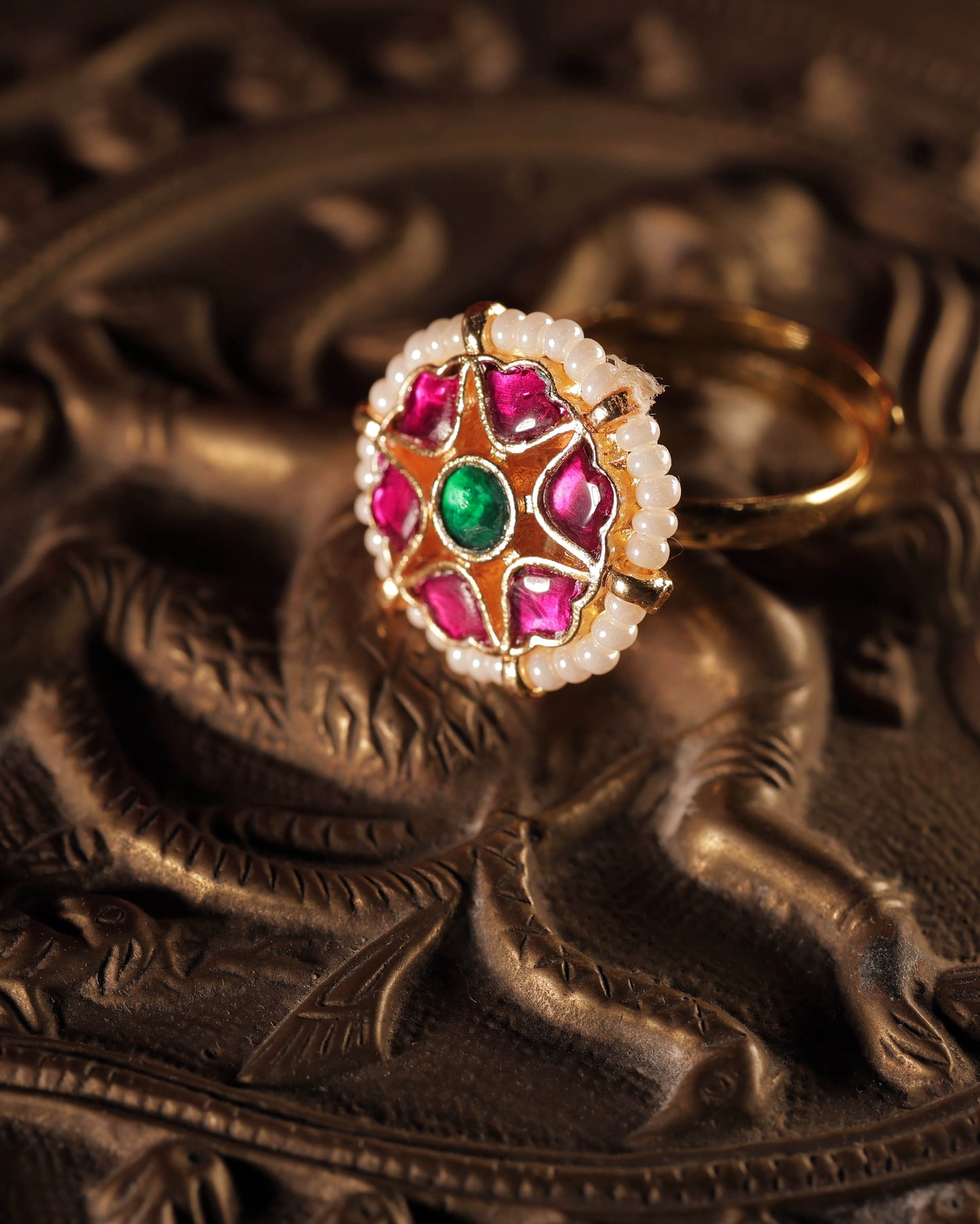 Multi Color Gold Plated Jadau Kundan Ring - R120MC