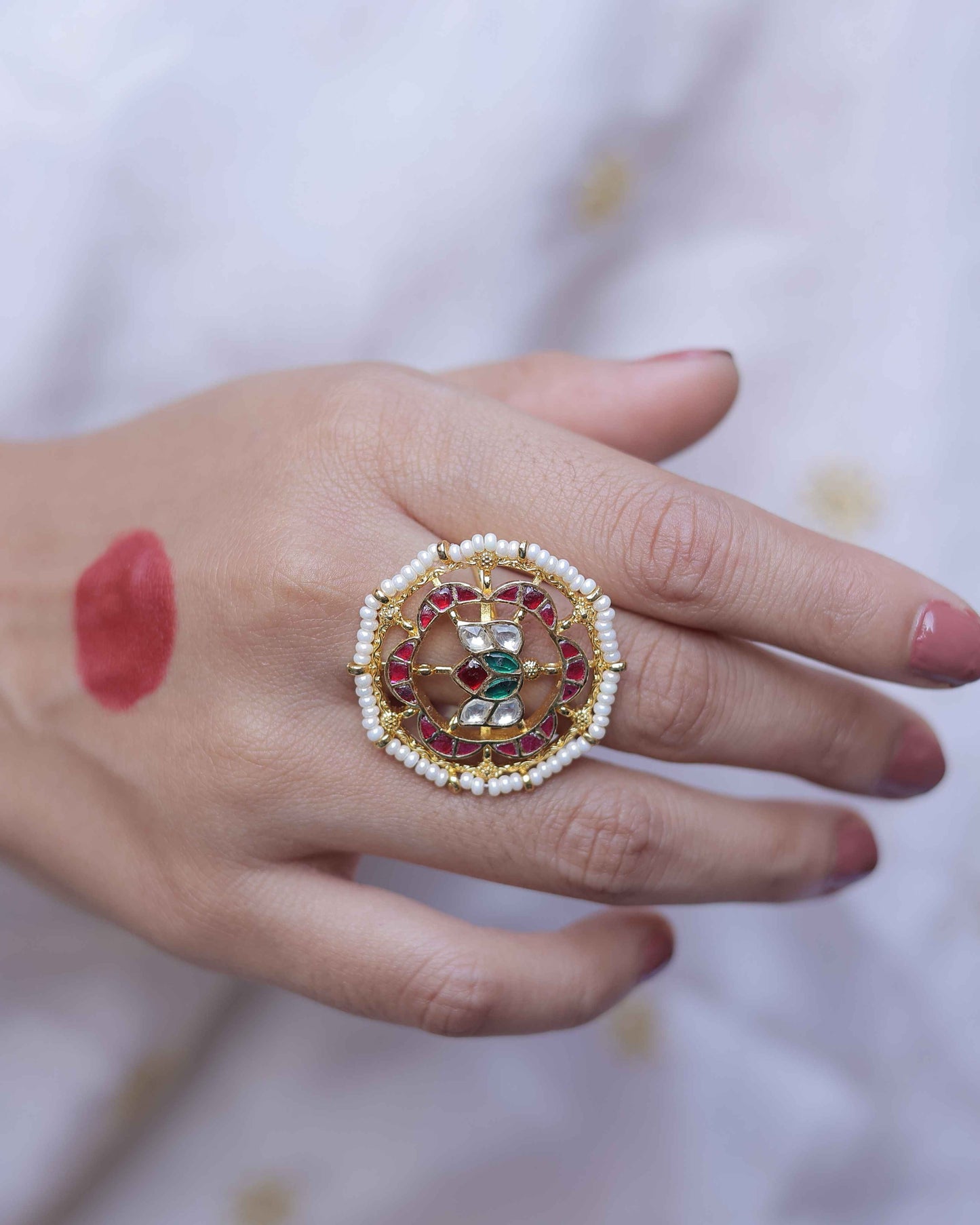 Multi Color Gold Plated Jadau Kundan Ring - R121MC
